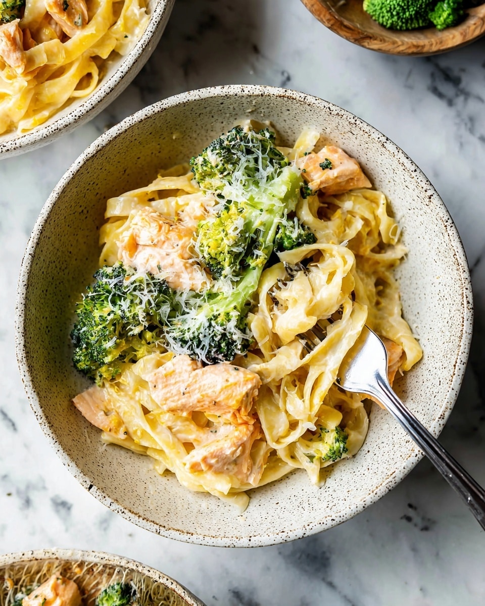 In a white speckled bowl, a creamy pasta dish is shown with three main layers: the bottom layer is light yellow fettuccine noodles coated in sauce, the middle layer has chunky pieces of light orange cooked salmon, and the top layer shows bright green broccoli florets with a light sprinkle of white grated cheese. A silver fork holds a bit of pasta and broccoli on the right side of the bowl. The bowl is placed on a white marbled surface with another bowl partly seen on the upper right and a small broccoli piece visible on the upper left. Photo taken with an iphone --ar 4:5 --v 7