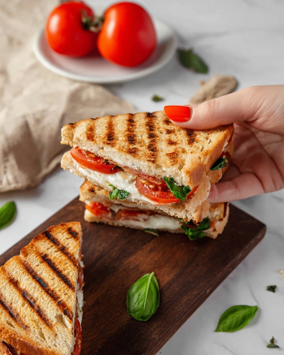 A toasted sandwich held by a woman's hand with orange nail polish shows three visible layers: the top crisp golden-brown grilled bread slice with dark grill marks, a layer of fresh green basil leaves, a bright red tomato slice, and a layer of white melted cheese, all inside the bread. The sandwich sits on a dark wooden board with another sandwich piece nearby, and fresh green basil leaves scattered around. In the background, two red tomatoes rest on a white plate, all set on a white marbled surface with a beige cloth partly visible. Photo taken with an iphone --ar 4:5 --v 7