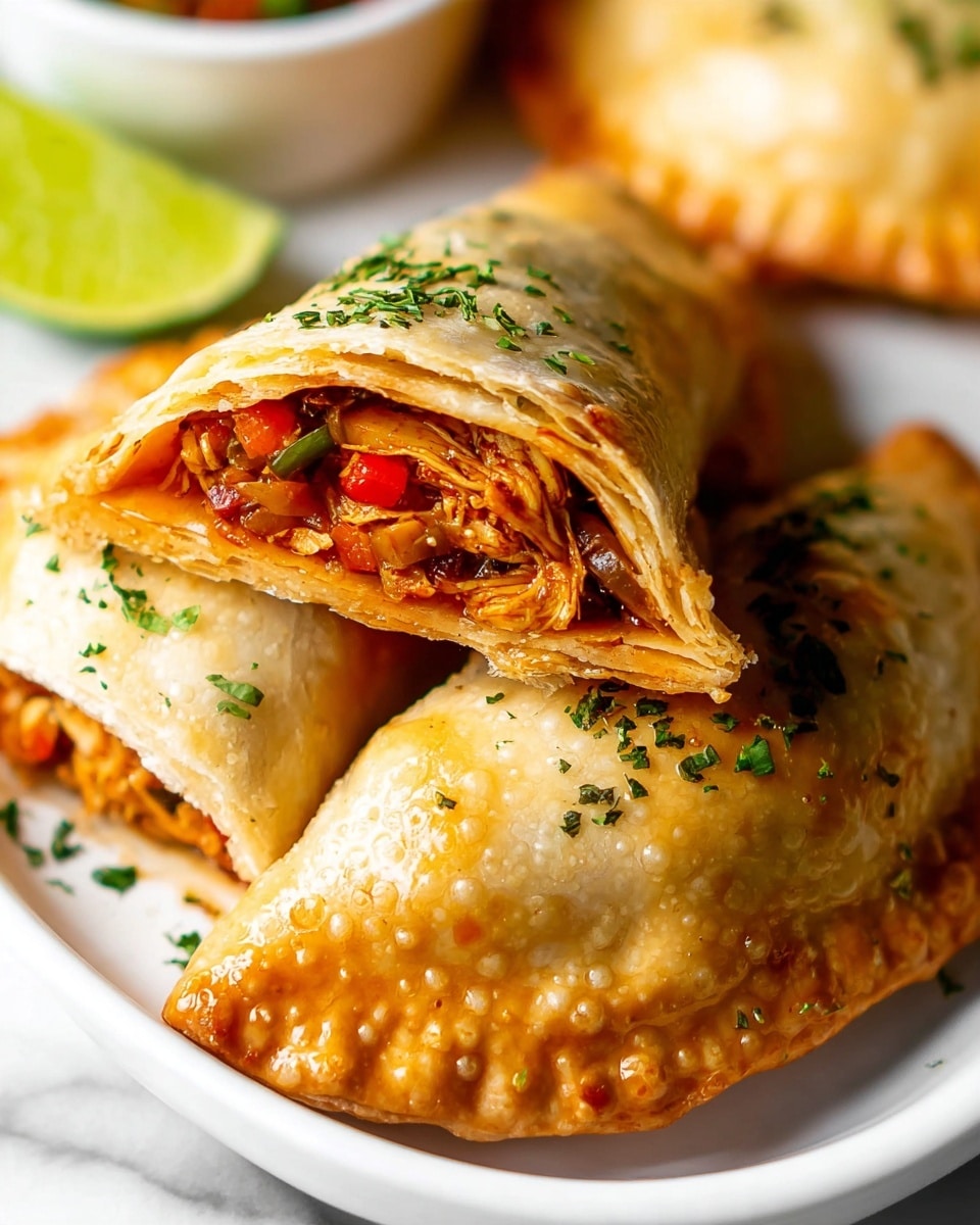 A close-up of two golden brown empanadas on a white plate with a white marbled surface underneath, one empanada cut in half showing its inside layers filled with a mix of orange-brown cooked chicken, red peppers, sautéed onions, and chopped green herbs, the crispy outer dough showing small bubbles and a light sprinkling of green herb flakes on top; a lime wedge sits on the side and another bowl blurred in the background. Photo taken with an iphone --ar 4:5 --v 7