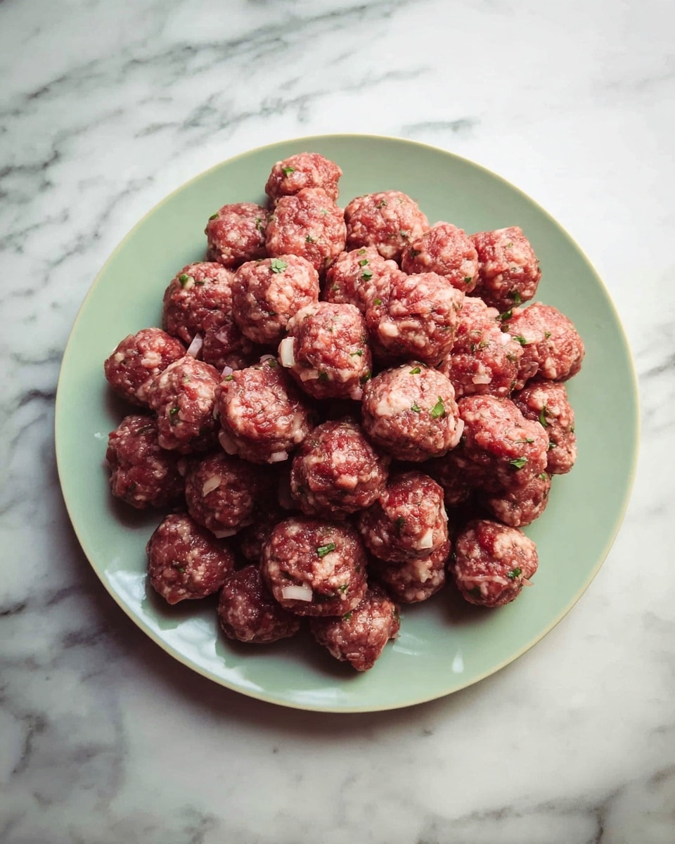 A pale green plate filled with many small raw meatballs stacked in a pile. The meatballs are reddish with visible pieces of onions and herbs mixed inside. The plate sits on a white marbled surface. photo taken with an iphone --ar 4:5 --v 7