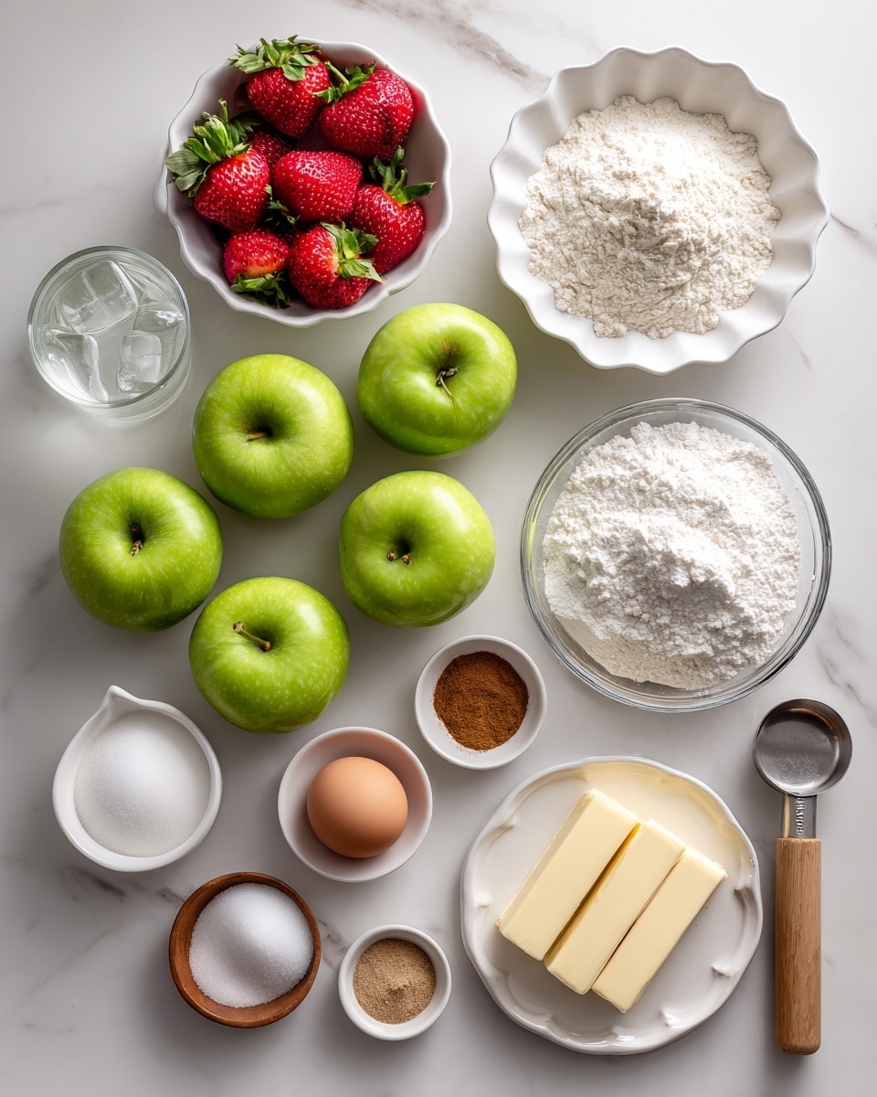 The image shows ingredients arranged neatly on a white marbled surface for making an apple berry pie. There are six bright green Granny Smith apples in a white scalloped bowl at the center-left. Above the apples, a white scalloped bowl holds fresh red strawberries with green leaves. To the right of the apples, a white bowl is filled with a mound of white all-purpose flour. Near it, a small white bowl contains ground nutmeg, and next to that, a glass holds clear ice cold water with ice cubes. At the top left, a small white cup holds white cornstarch, and next to it is a small brown wooden dish with one brown egg. A metal measuring cup with a wooden handle is filled with white sugar. Near the top right, a round white plate holds two sticks of pale yellow butter, and beside it is a small wooden dish with white salt. A small white dish with cinnamon powder is at the bottom left. The items are organized clearly and spaced on the white marbled background. Photo taken with an iphone --ar 4:5 --v 7