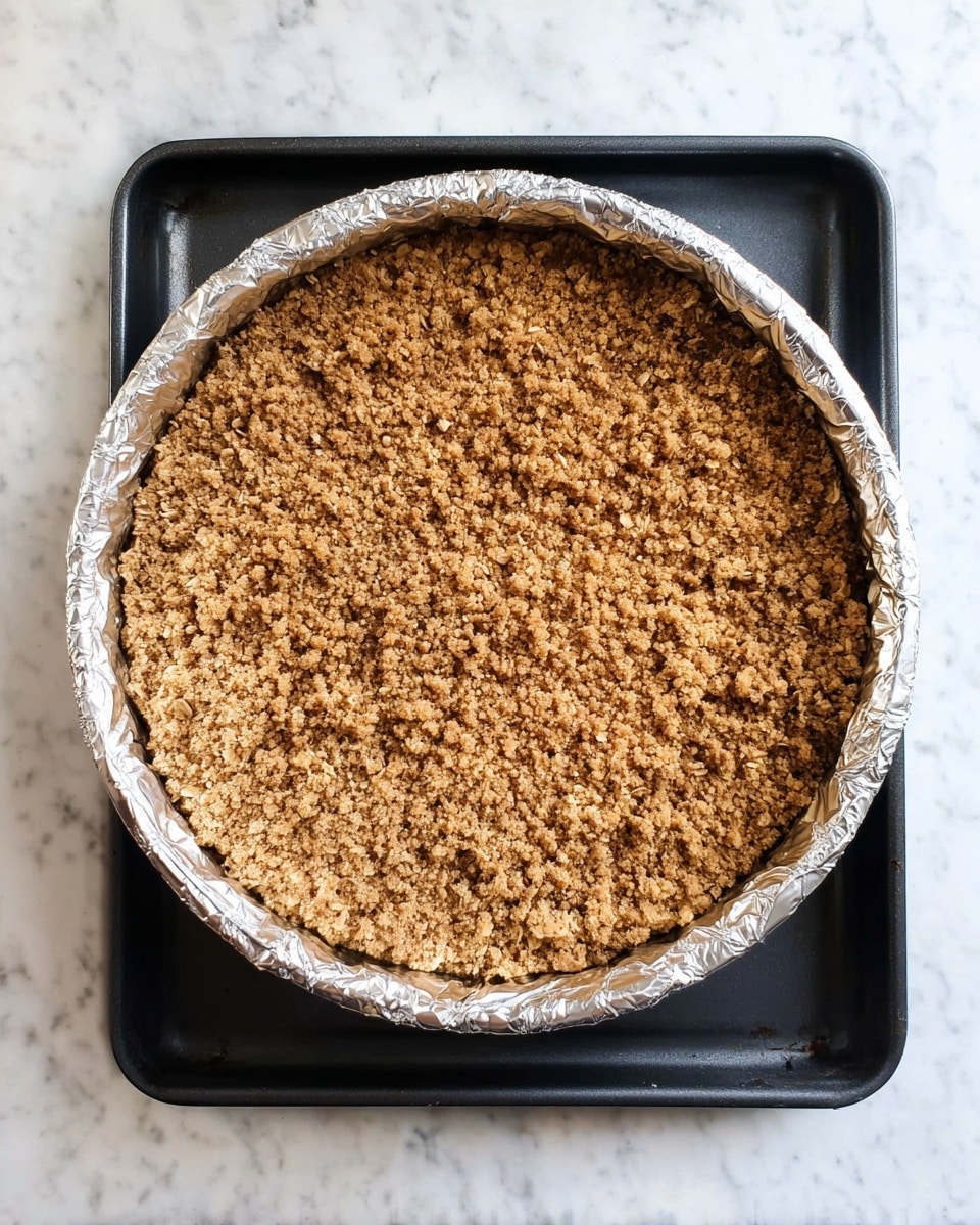 A round baking pan lined with silver foil holds a single thick layer of crumbly, light brown oat and cinnamon crumble topping evenly spread inside. The pan sits inside a black roasting tray on a white marbled surface, viewed from above. The crumble’s texture looks coarse with visible oats and small clumps. Photo taken with an iphone --ar 4:5 --v 7