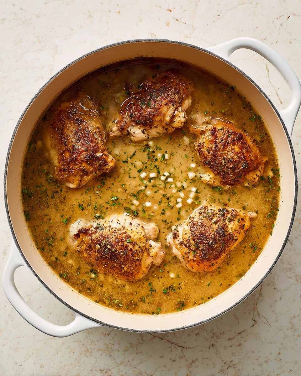 A white round pot with two handles holds four pieces of cooked light brown chicken, partially submerged in a light brown broth. The broth is speckled with small green herbs and tiny white pieces, giving it a textured look. The chicken pieces have a slightly crispy, darker brown top layer with visible seasoning. The pot is placed on a white marbled surface. photo taken with an iphone --ar 4:5 --v 7