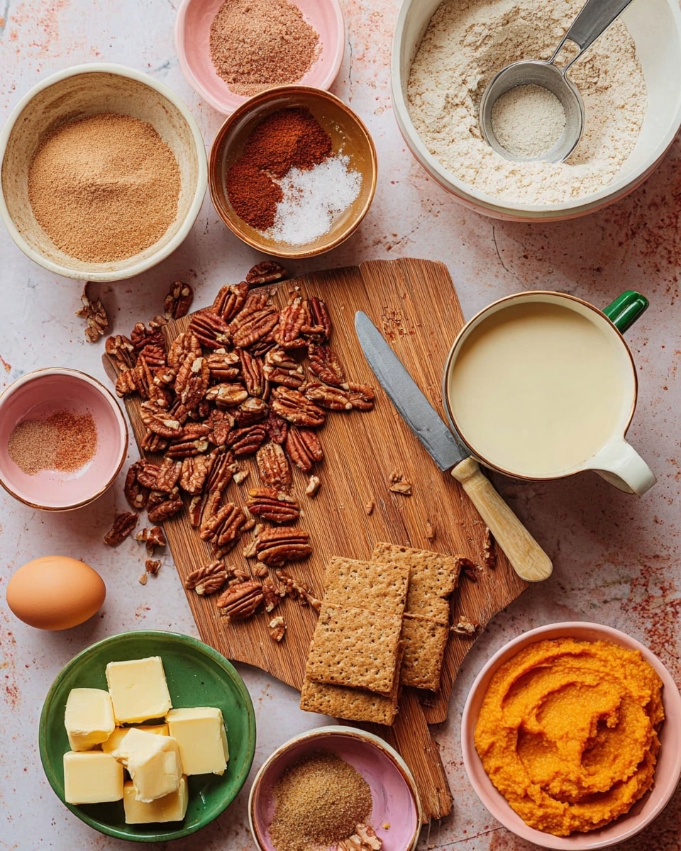 A wooden board in the center holds chopped brown pecans scattered over it with a small knife with a light wood handle lying across the board. To the right of the board is a white cup filled with thick, pale cream. Around the board, on a white marbled surface, there are various small bowls: a large white bowl with light brown crumbs and a metal measuring cup resting inside, a small wooden bowl with coarse white salt, a pink bowl with melted butter, a pink bowl with light brown powder, a white bowl with reddish-brown spice and a metal measuring spoon inside, a green bowl with more pecans, and a pink bowl with small cubes of butter in it. Two white eggs lie beside the small bowl with powder. Below the cup and boards, a pink plate holds rectangular cream crackers next to a brown bowl filled with orange mashed sweet potato. All bowls and plate are white except where noted, and the whole set is on a white marbled surface. photo taken with an iphone --ar 4:5 --v 7