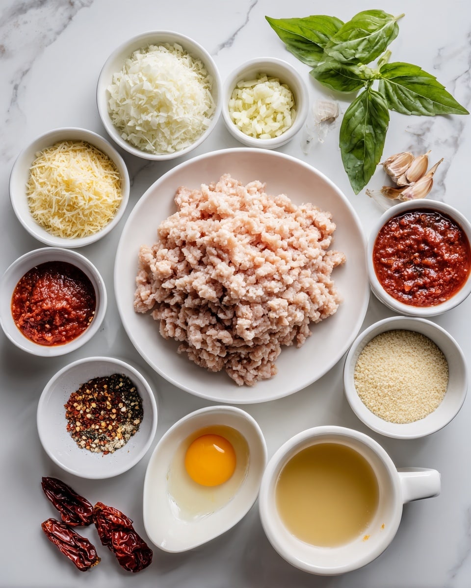 The image shows small white bowls arranged on a white marbled surface, each containing different ingredients for cooking. In the center is a white plate with a large mound of raw ground chicken, pale pink with visible texture. Surrounding it are small white bowls holding finely chopped white onions, grated parmesan cheese, light yellow panko breadcrumbs, tomato paste with deep red color and smooth texture, minced garlic in small bits, dried red pepper flakes, and coarse salt and black pepper mixed together. There is also a small white bowl with a raw egg showing its golden yolk and clear white, a measuring cup filled with light golden chicken broth, and a small cup of heavy cream with its smooth white texture. Around these bowls are fresh basil leaves with bright green color and sun-dried tomatoes that are deep red and slightly wrinkled. Each ingredient is labeled clearly in black text on white labels. photo taken with an iphone --ar 4:5 --v 7
