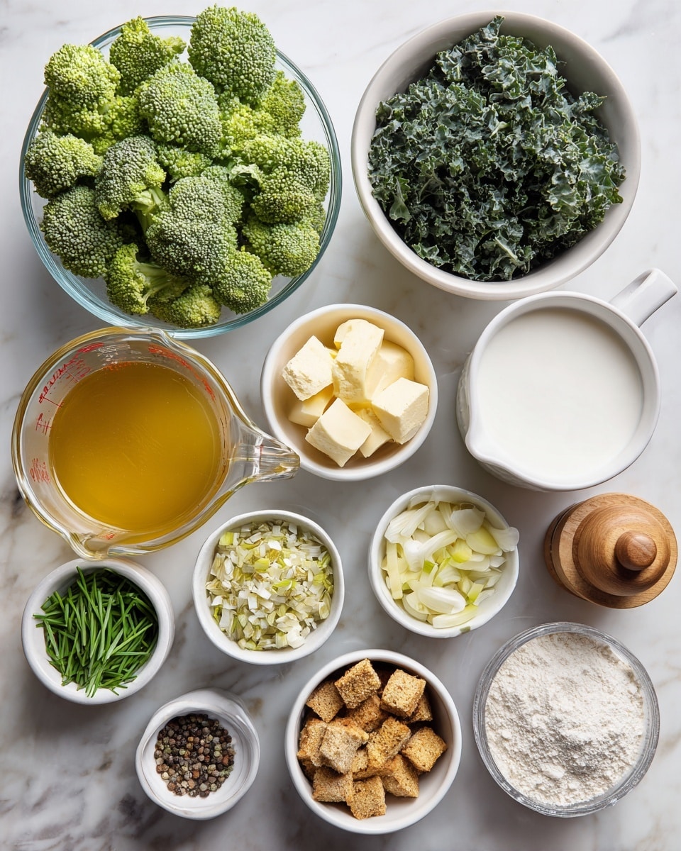 The image shows several white bowls and a clear measuring cup arranged on a white marbled surface, each holding different fresh and dry ingredients. At the top left, a glass bowl contains bright green broccoli florets with a bumpy texture. To its right, a white bowl is filled with chopped kale leaves, dark and curly. Below these, a clear measuring cup holds a golden-yellow chicken or vegetable broth, next to a white bowl filled with white milk. To the right side, a small wooden container with a lid holds salt, and a clear rectangular container holds black peppercorns. Below, there are smaller white bowls with various ingredients: finely chopped yellow onions, chopped green chives, pale yellow butter cubes, golden-brown croutons, dried Italian seasoning mix with earthy green tones, minced garlic, and a white bowl filled with white flour. The items are neatly spread out, showing a colorful and fresh preparation for a green vegetable soup or dish. The photo taken with an iphone --ar 4:5 --v 7