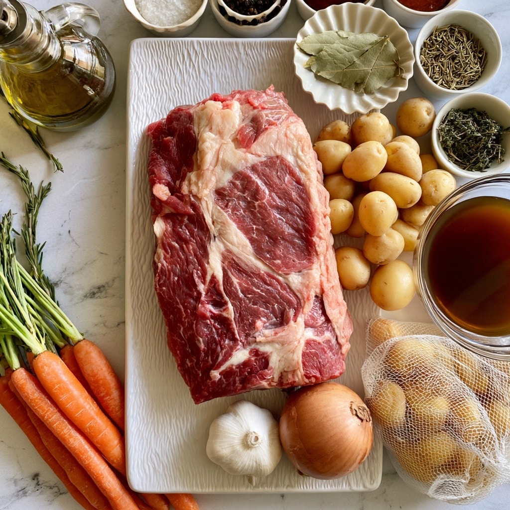 The image shows a large piece of raw chuck roast with red and white marbling placed at the center on a white textured rectangular plate. Surrounding it are fresh whole carrots with green tops on the bottom left, a whole white garlic bulb and a round brown onion near the bottom. To the right, there is a mesh bag filled with small yellow potatoes, and a clear bowl containing dark brown beef broth next to it. Small bowls hold dried rosemary and dried thyme herbs, while two bay leaves rest on a scalloped white dish above the potatoes. Various small containers with salt, black pepper, and Worcestershire sauce sit at the top, along with a glass bottle of olive oil with a spout on the upper left. The surface underneath is a white marbled texture photo taken with an iphone --ar 4:5 --v 7