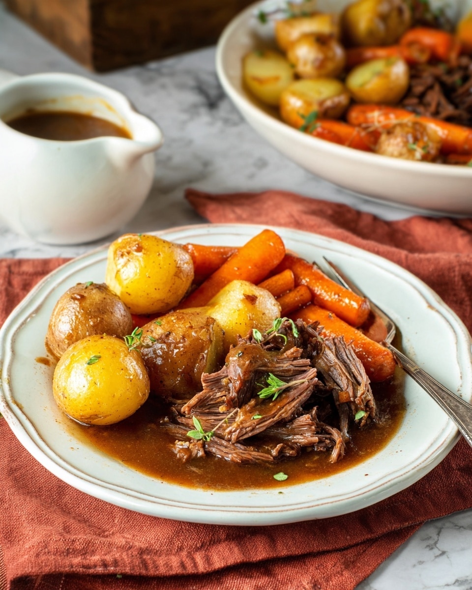 A white plate holds a serving of slow-cooked beef with a rich brown sauce pooling at the base, topped with small green herb sprigs. To the side, there are golden-brown baby potatoes and large chunks of bright orange carrots mixed with soft cooked onions, all lightly coated with the sauce. The plate is slightly scalloped and rests on a white marbled surface, with a fork placed on the left side. In the background, there is a larger white bowl filled with similar beef and vegetables on a rust-colored cloth, and a small white gravy pitcher filled with sauce sits nearby. photo taken with an iphone --ar 4:5 --v 7