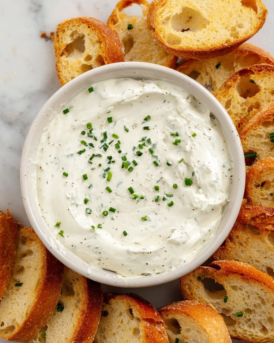 A white bowl filled with thick, creamy white dip that has small black specks inside, topped with scattered small green chive pieces. Around the bowl, there are several toasted slices of bread with golden brown edges and holes through the soft, light brown center. All of this is placed on a white marbled surface. photo taken with an iphone --ar 4:5 --v 7