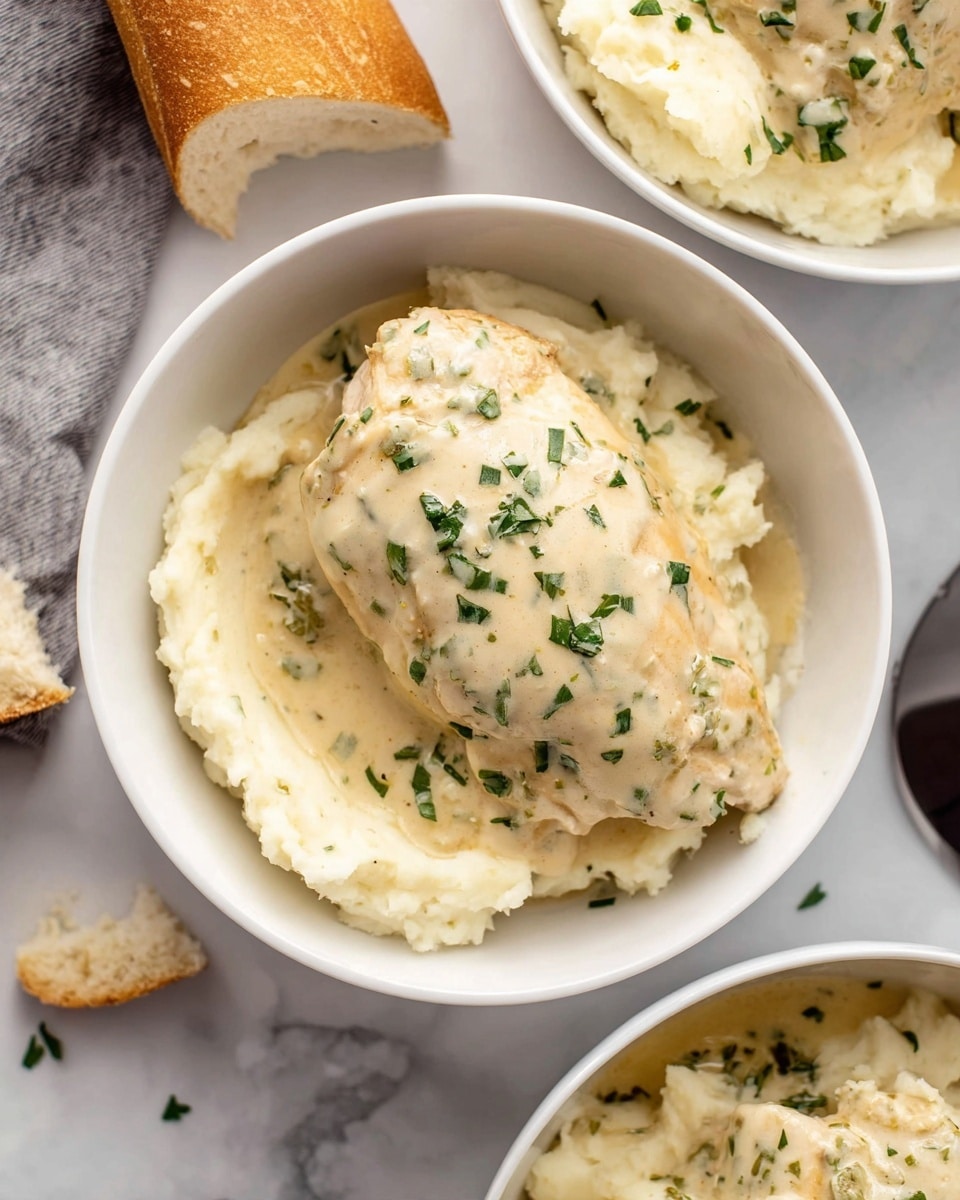 A white bowl filled with creamy mashed potatoes forms the base layer, soft and slightly lumpy with a pale off-white color; on top of this sits a thick piece of chicken covered in a rich, light beige creamy sauce speckled with small green herb bits; the cream sauce glistens and has a smooth texture with some small lumps, and chopped green herbs are sprinkled over the top adding bright green spots; the bowl is set on a white marbled surface, with a torn piece of light brown bread visible nearby, and two partially visible white bowls with the same dish are in the background; the image is brightly lit, showing texture and detail clearly photo taken with an iphone --ar 4:5 --v 7