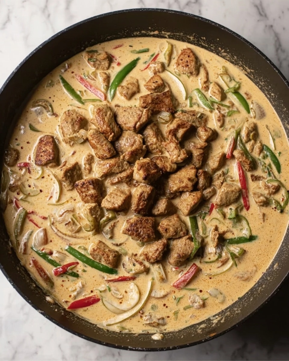 The image shows a large pan filled with a creamy sauce that is light beige in color, mixed with slices of green and red vegetables spread evenly through the sauce. On top of this sauce, there is a generous pile of small, browned, cooked pieces of meat scattered mostly in the center of the pan, standing out against the lighter background. The pan sits on a white marbled surface, creating a clean contrast with the rich colors of the dish. photo taken with an iphone --ar 4:5 --v 7