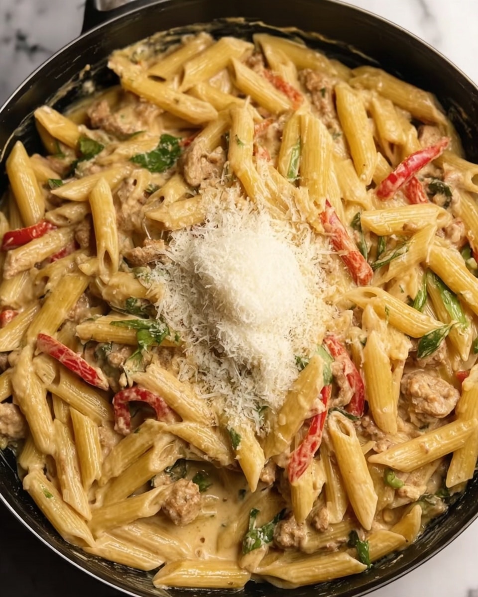 This is a close-up view of a large black pan filled with creamy pasta. The pasta is mainly pale yellow penne, cooked and mixed well with a creamy light brown sauce. There are strips of red peppers and small pieces of light brown meat evenly spread through the pasta. Bright green herbs also add some color contrast. On top, there is a mound of finely grated white cheese placed in the middle of the pan. The pan rests on a white marbled surface. The photo taken with an iphone --ar 4:5 --v 7