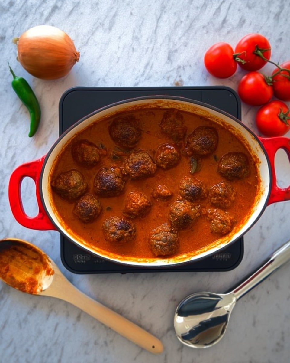 The image shows a white oval pot with red handles sitting on a small electric stove, filled with a thick reddish-orange sauce containing many browned meatballs scattered throughout. To the right of the pot, there is a shiny silver utensil holder holding a wooden spoon with traces of sauce, resting on the white marbled surface. On the upper left side, there is a whole brown onion and a green chili placed on the white marbled background, while on the upper right side, several red tomatoes are grouped together. The photo is taken from above. photo taken with an iphone --ar 4:5 --v 7
