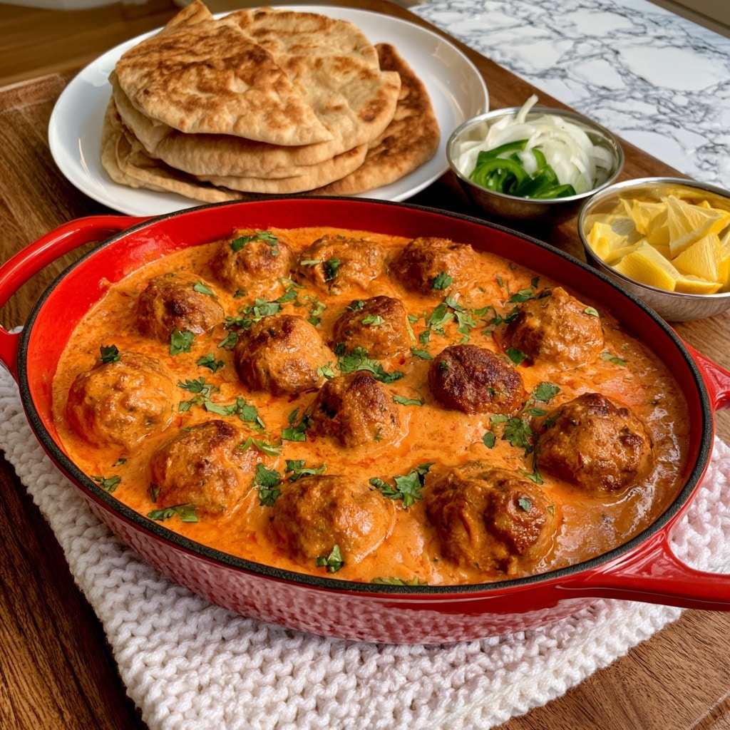A red oval pot filled with round brown meatballs covered in orange-red creamy sauce with green cilantro leaves sprinkled on top; the pot is placed on a white knitted cloth on a wooden table with a white marbled texture. Behind the pot, a white plate holds several pieces of golden brown flatbread stacked on top of each other. Next to the flatbread, two small silver bowls contain sliced white onions and green chili peppers, and yellow lemon slices, all arranged neatly. photo taken with an iphone --ar 4:5 --v 7
