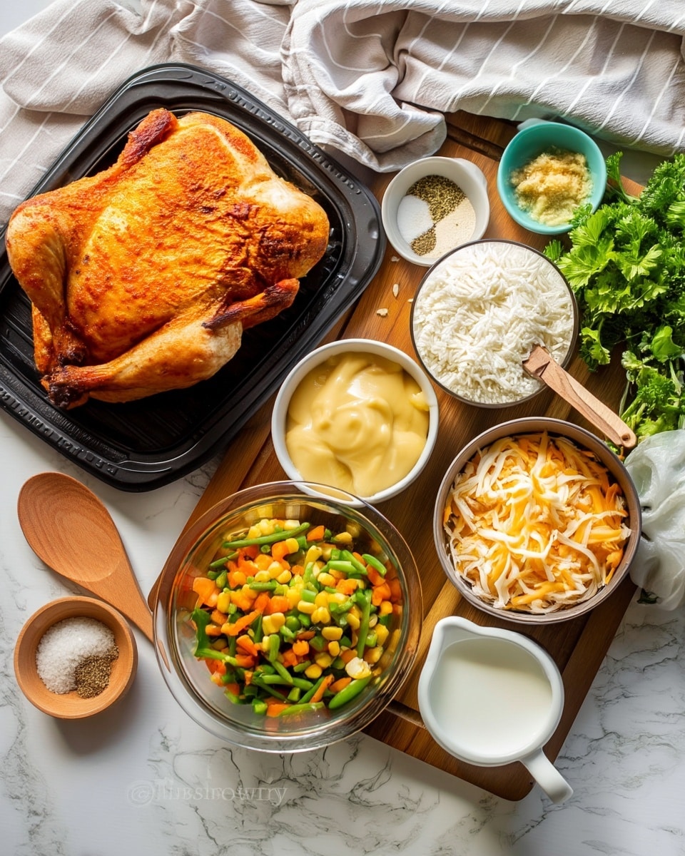 A roasted golden brown whole chicken sits on a black tray to the left. On a wooden board next to it are several small white and light blue bowls: a white bowl with smooth, pale yellow sauce, a white bowl with white rice and a wooden spoon inside, a white bowl with mixed dry spices, and a light blue bowl with minced garlic. There is a glass bowl filled with colorful mixed vegetables including green beans, carrots, corn, and peas. Another white bowl contains a mix of shredded yellow and white cheese. Fresh green parsley leaves are placed on the right side of the board. A small white pitcher filled with milk is at the bottom right. All items are on a white marbled surface with a beige striped cloth partially visible in the background. Photo taken with an iphone --ar 4:5 --v 7