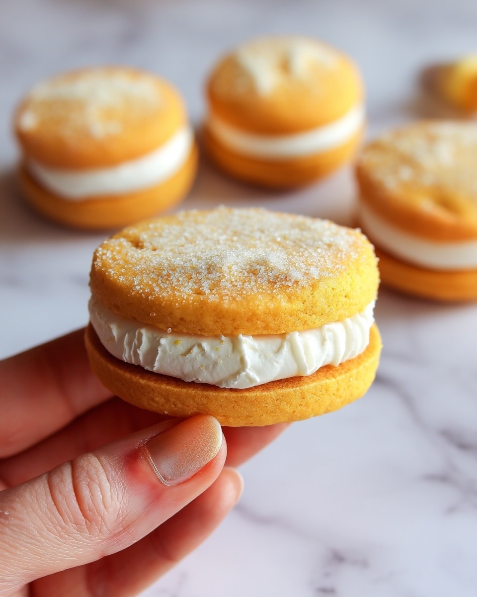 The image shows a close-up of a small sandwich cookie held by a woman's hand. The cookie has two round layers of soft, light orange cake with a sugar-sprinkled top texture. Inside, there is one thick middle layer of smooth white cream filling. In the background, several more similar sandwich cookies are softly out of focus, all placed on a white marbled surface. The lighting is warm, making the colors soft and inviting. Photo taken with an iphone --ar 4:5 --v 7