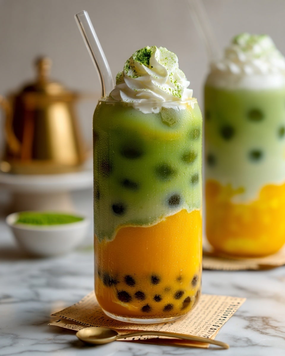 A tall clear glass filled with a three-layered drink with ice inside; the bottom layer is bright yellow and orange with a smooth texture, the middle layer is pale green and milky, and the top layer is a darker green with round dark green bubbles. On top, there is a big swirl of white whipped cream dusted with green powder. The glass has a clear straw and is held by a woman's hand. The glass sits on a piece of paper on a white marbled surface with a golden spoon beside it. Another similar drink is blurred in the background. photo taken with an iphone --ar 4:5 --v 7