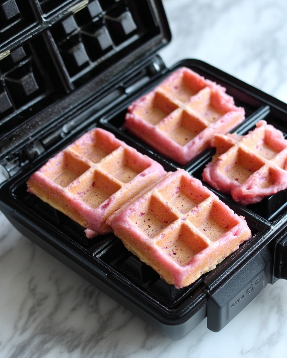 Four small waffles in a black waffle maker, each waffle pale pink with some darker pink spots, having a soft and slightly puffy texture. The waffles fill most of the square sections but have some irregular edges spilling over the black grids. The waffle maker is open, showing the top and bottom plates with a glossy finish. The background surface is a white marbled texture. Photo taken with an iphone --ar 4:5 --v 7
