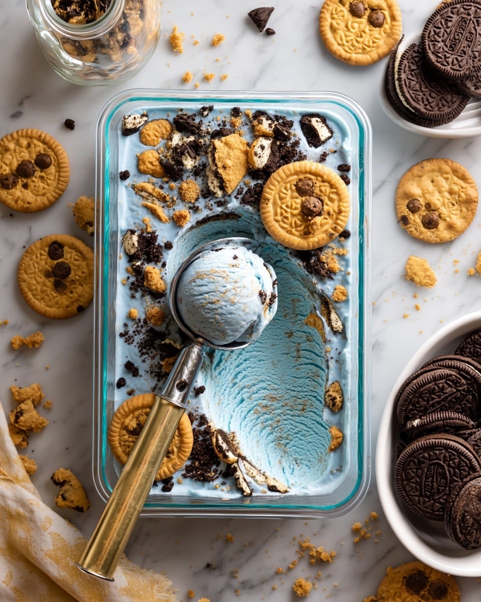 A glass tray with light blue ice cream mixed with crushed chocolate sandwich cookies and golden chocolate chip cookies scattered on top and mixed through the ice cream, with a scoop of the same ice cream lifted by a metal ice cream scooper in the center, all set on a white marbled surface with additional whole chocolate sandwich cookies in a white bowl on the right, chocolate chip cookies around, and a glass bottle partially visible. Photo taken with an iphone --ar 4:5 --v 7