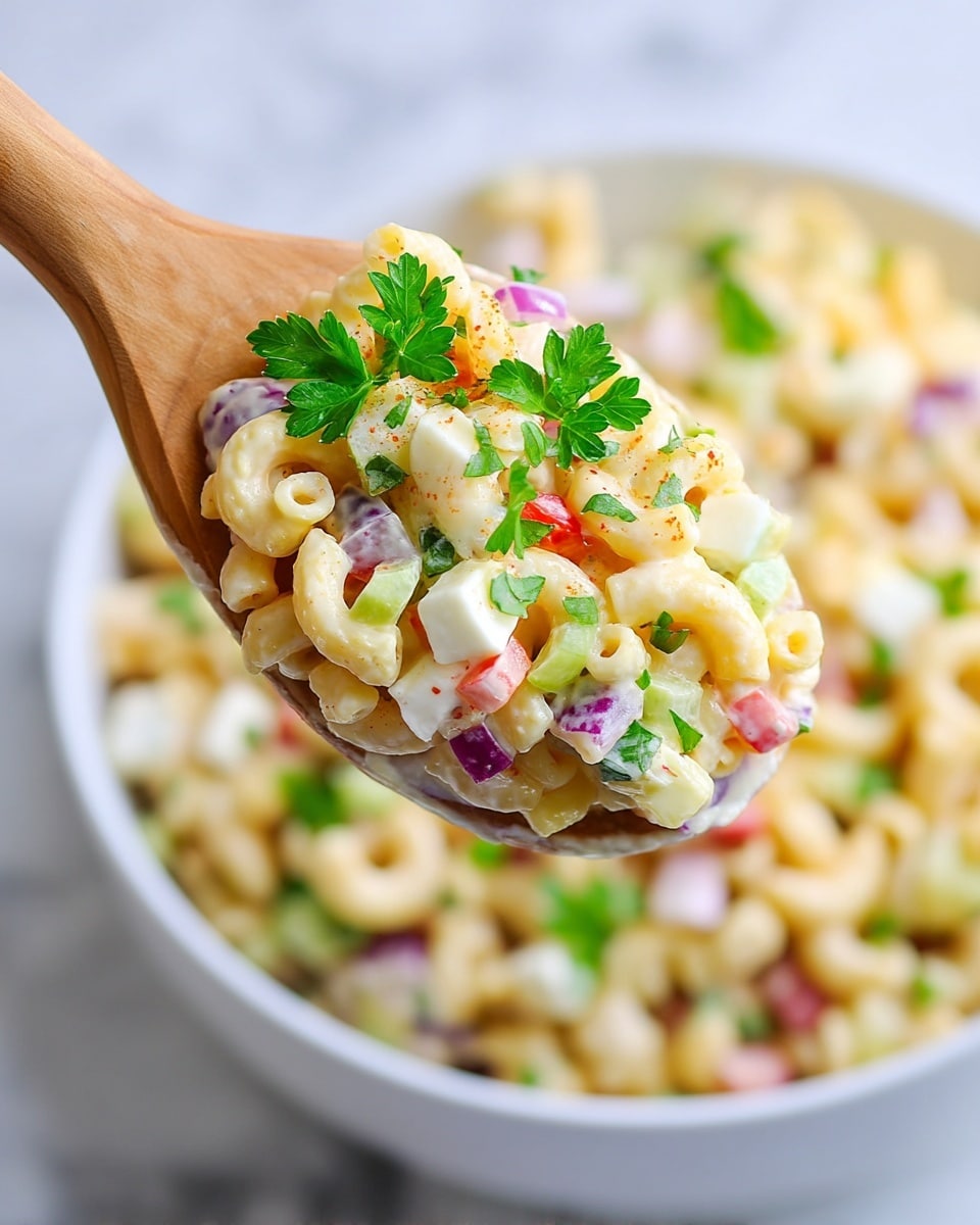 A wooden spoon holds a close-up scoop of macaroni salad, showing several layers and colors. The base layer is creamy, yellow macaroni pasta coated with light dressing. Mixed in are small pieces of red onion, white cheese cubes, light green celery, and red bell pepper, giving pops of purple, white, green, and red. Fresh green parsley leaves are scattered throughout, adding a touch of brightness. The spoon hovers over a white bowl full of the same salad, all set on a white marbled surface that blends softly into the background. photo taken with an iphone --ar 4:5 --v 7