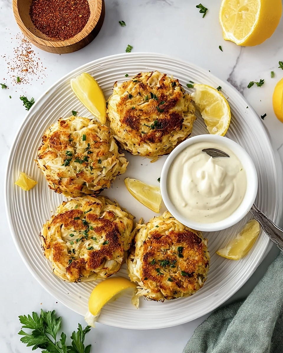 The image shows four golden-brown crab cakes arranged in a circle on a white plate with concentric ridges. Each crab cake is textured with visible chunks of crab meat and small green herb sprinkles on top. Four lemon wedges are placed around the cakes, adding a fresh, bright yellow color contrast. A small white bowl filled with creamy white sauce is on the right side of the plate, with a silver spoon resting inside it. The plate sits on a white marbled surface with a wooden bowl containing red seasoning near the top left corner, some green parsley leaves near the bottom left, and a soft green cloth peeking in at the bottom right. Photo taken with an iphone --ar 4:5 --v 7