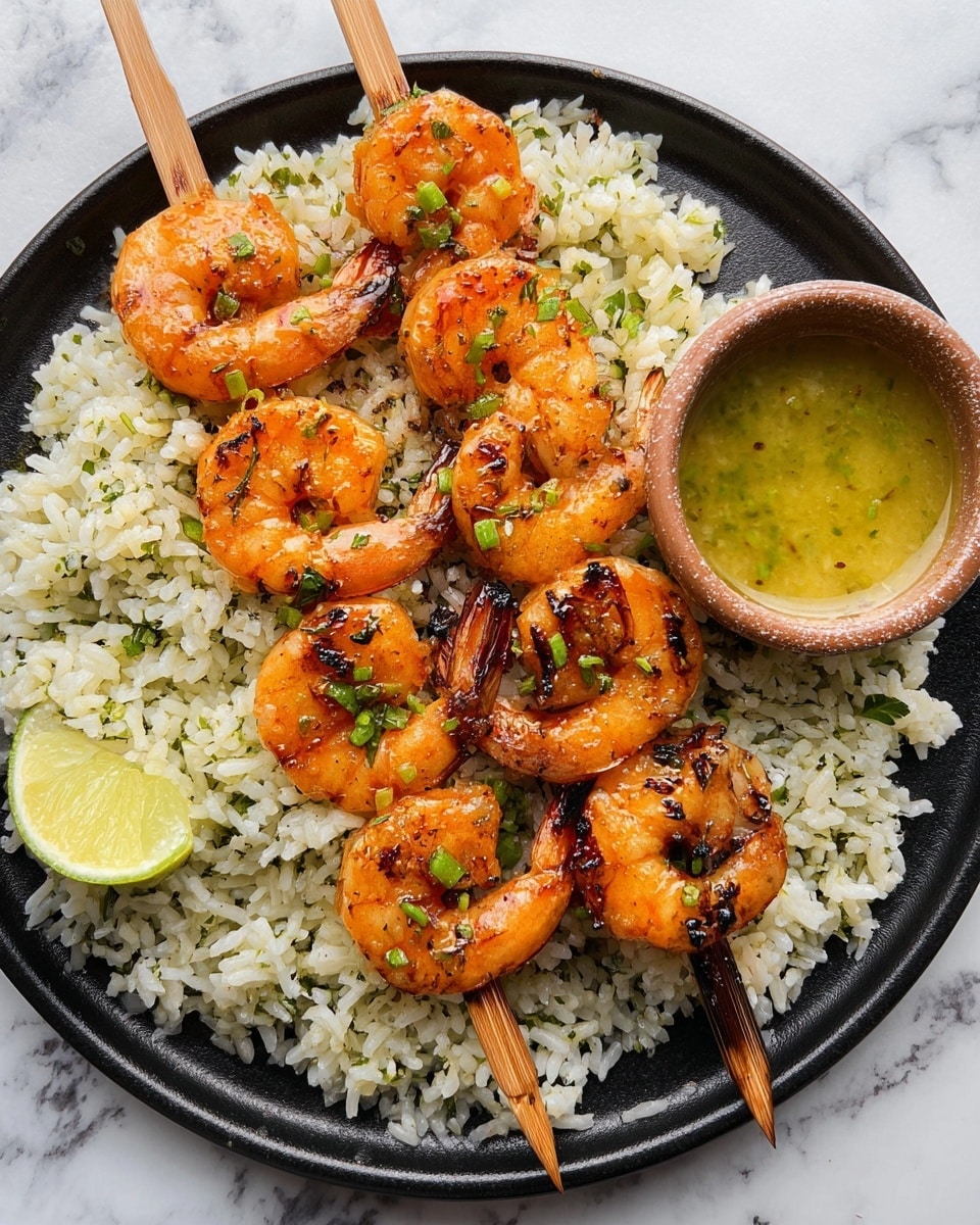 On a white plate with a black inner surface, there is a bed of white rice mixed with green herbs, covering most of the plate. On top of the rice, two wooden skewers hold a total of eight orange-red grilled shrimp, showing slight char marks and garnished with small pieces of chopped green herbs. To the upper right side of the plate, resting partly on the rice, is a light green lime wedge. Next to the lime wedge, there is a small round clay bowl filled with a yellow-green sauce that has a slightly glossy texture. The plate is placed on a white marbled surface. Photo taken with an iphone --ar 4:5 --v 7