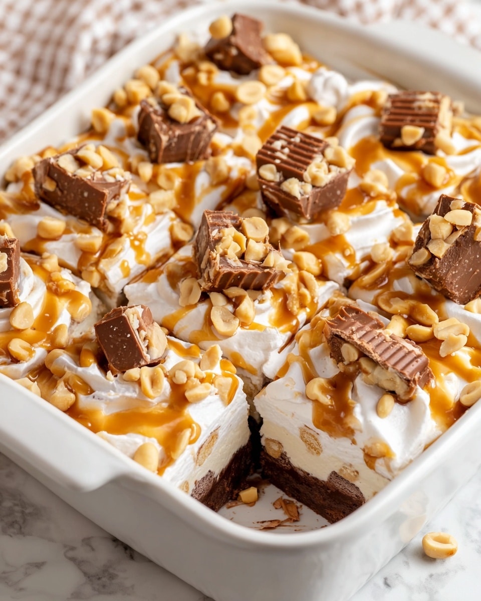 This image shows a white baking dish with a layered dessert. The bottom layer is dark brown, moist cake or brownie, covered by a thick layer of smooth white cream. On top, there is a caramel sauce drizzled unevenly creating light and rich brown patches. Whole peanuts are scattered over the cream and caramel. Various pieces of chocolate candy bars with nuts and caramel inside are placed on top, some cut in half showing the crunchy and soft layers. A piece is removed from the corner, exposing the different layers. The dish is set on a white marbled surface, with a white spatula with a wooden handle inside the baking dish. Photo taken with an iphone --ar 4:5 --v 7