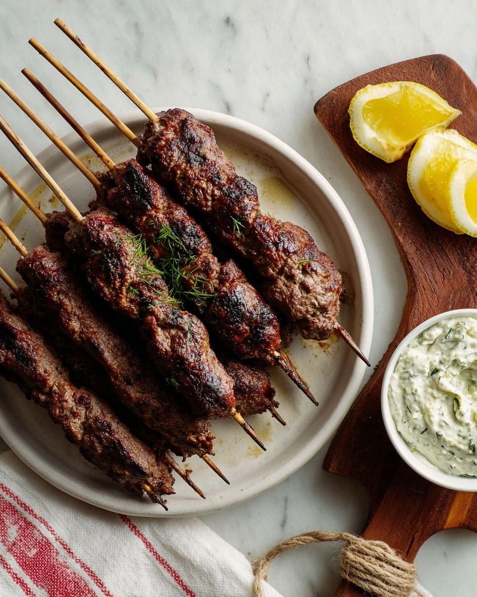 There are eight grilled meat skewers stacked in a white round plate on a white marbled surface. The meat is dark brown and looks well cooked with some charred spots. Next to the plate, there is a small white bowl filled with a creamy dip topped with green herbs. The bowl and two lemon halves are placed on a dark wooden board with a tied rope handle. A white cloth with red stripes is partially visible near the plate. photo taken with an iphone --ar 4:5 --v 7