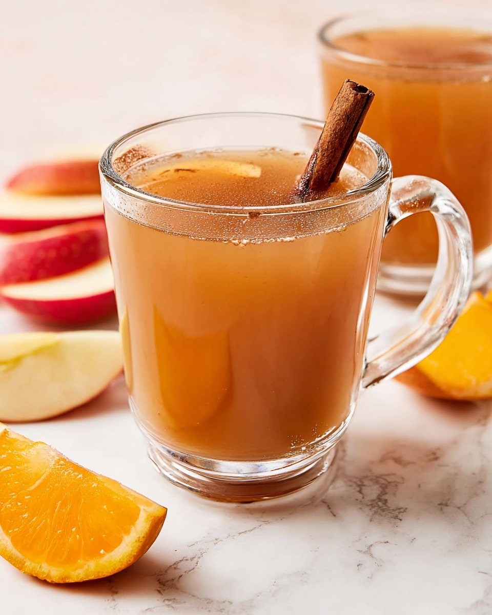 A clear, tall glass mug filled with light brown apple cider sits on a white marbled surface. Inside the glass, three thin apple slices with red edges float near the top, along with a whole cinnamon stick standing upright on the right side. In the background, there are two more mugs of the same cider, one partially visible and the other blurred, both containing cinnamon sticks. A few slices of apple rest on the white marbled surface around the central mug. The light catches the droplets of condensation on the mug, adding a fresh look. Photo taken with an iphone --ar 4:5 --v 7