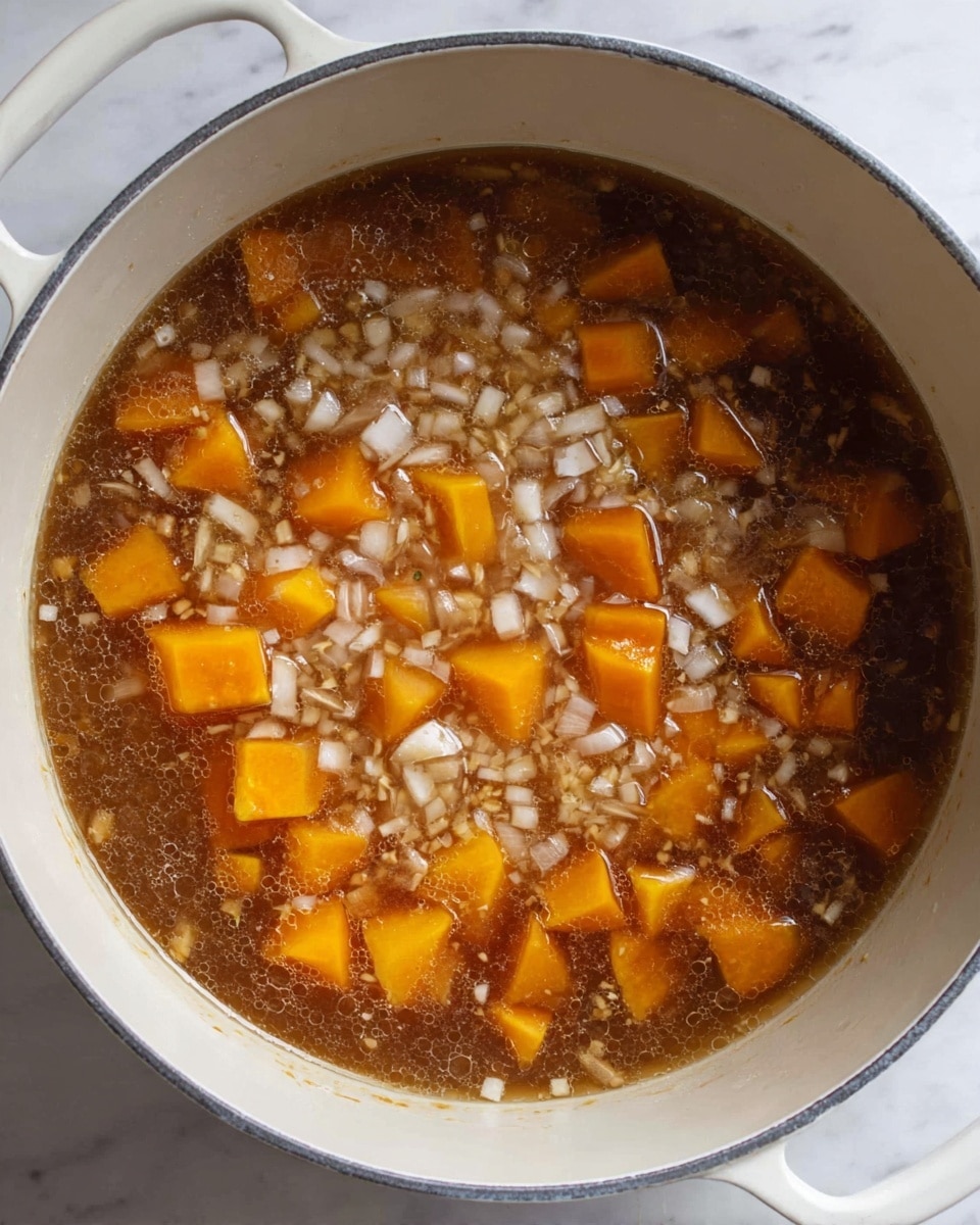 A white pot filled with a clear brown broth that has small diced white onion pieces floating throughout. Bright orange cubes of squash are scattered in the center and partly submerged in the broth. The pot is placed on a white marbled surface. Photo taken with an iphone --ar 4:5 --v 7