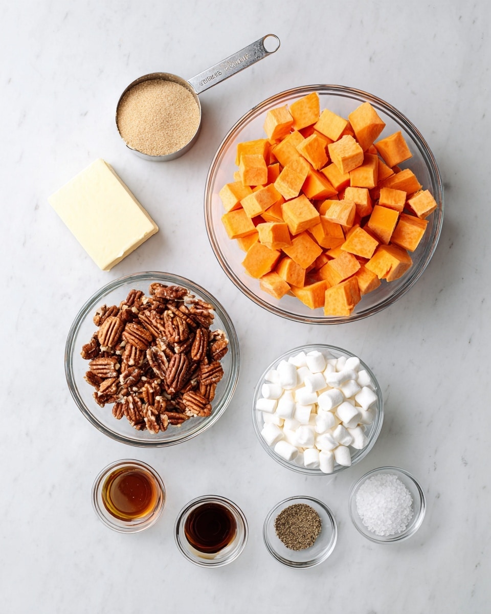 The image shows a collection of ingredients placed neatly on a white marbled surface. On the top right, there is a large clear glass bowl filled with chopped orange sweet potatoes. Below it, a clear glass bowl contains whole pecan halves. To the left, another clear glass bowl holds many small white mini marshmallows. Below these bowls are a stick of butter, a measuring cup filled with light brown sugar, and three small clear dishes with dark brown liquids. At the bottom left, three small clear dishes contain orange cinnamon, black pepper, and white salt powders. The arrangement is spaced out and well-lit, showcasing each ingredient clearly. Photo taken with an iphone --ar 4:5 --v 7