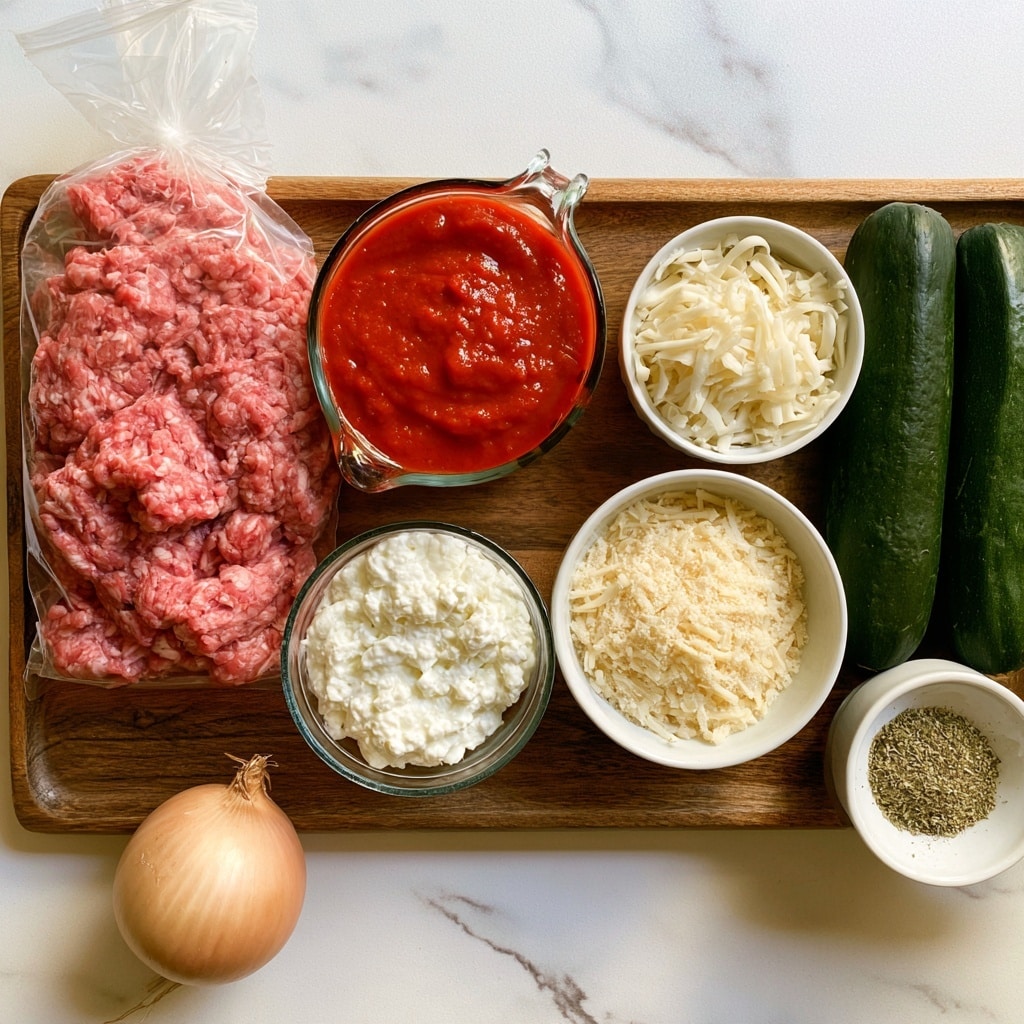 A dark metal tray is placed on a white marbled surface. On the tray, there is one large plastic bag with raw ground beef, light pink in color. Next to it is a clear glass measuring cup filled with deep red spaghetti sauce. Below, there is a small clear glass cup filled with white cottage cheese with a lumpy texture. To the right, a white bowl contains grated mozzarella cheese in long thin shreds, light yellowish-white in color. Below that bowl is another white bowl filled with grated Parmesan cheese, which is finely shredded and pale yellow. A yellow onion with a smooth dry outer skin rests on the left side, while two dark green zucchinis with a shiny surface are placed on the right side. Near the zucchinis, a small white bowl holds Italian seasoning, a mix of green herbs. Photo taken with an iphone --ar 4:5 --v 7
