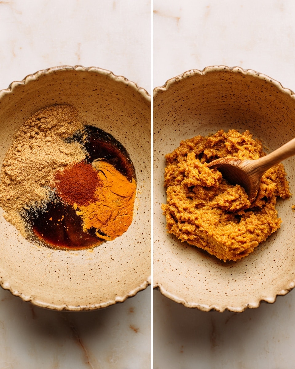 Two side-by-side images show a large speckled beige mixing bowl on a white marbled surface. The left image has four layers inside the bowl: at the bottom is a fine yellow powder, atop it is a dark amber liquid forming a small pool, bright orange mash placed on top of the liquid, and a small heap of brown powder sprinkled on the mash. The right image shows the same bowl, but the ingredients are now mixed into a rough orange-brown crumbly dough with a wooden spoon resting inside it. Photo taken with an iphone --ar 4:5 --v 7
