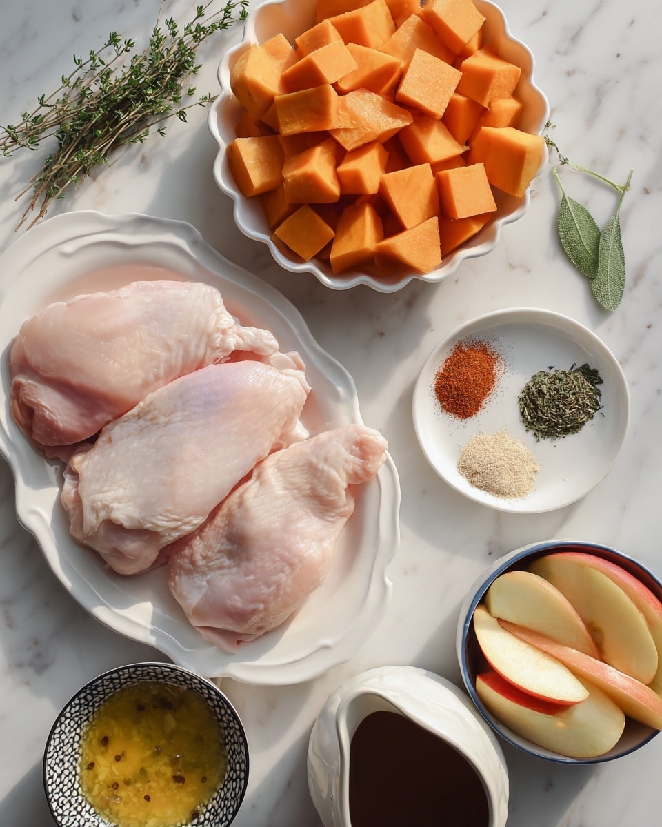 The image shows a top view of several ingredients arranged on a white marbled surface for cooking. In the center, there are three raw pale pink chicken breasts placed on a white round plate. Above the chicken, there is a white scalloped bowl filled with bright orange cubed butternut squash. To the right of the chicken, a small white bowl contains three piles of spices: green dried herbs, pale yellow powder, and deep red powder. Below the spice bowl, a white bowl with a blue rim holds sliced apple pieces, showing red skin with yellow flesh. At the bottom left corner, two small white pitchers with black rims contain a golden liquid with bits and a dark amber liquid. Near the bottom center, a coral-patterned bowl holds light orange dried apricots. Fresh green herb sprigs are placed to the right of the chicken and near the bottom right corner, adding fresh green color. The overall look is clean and organized with natural light. Photo taken with an iphone --ar 4:5 --v 7