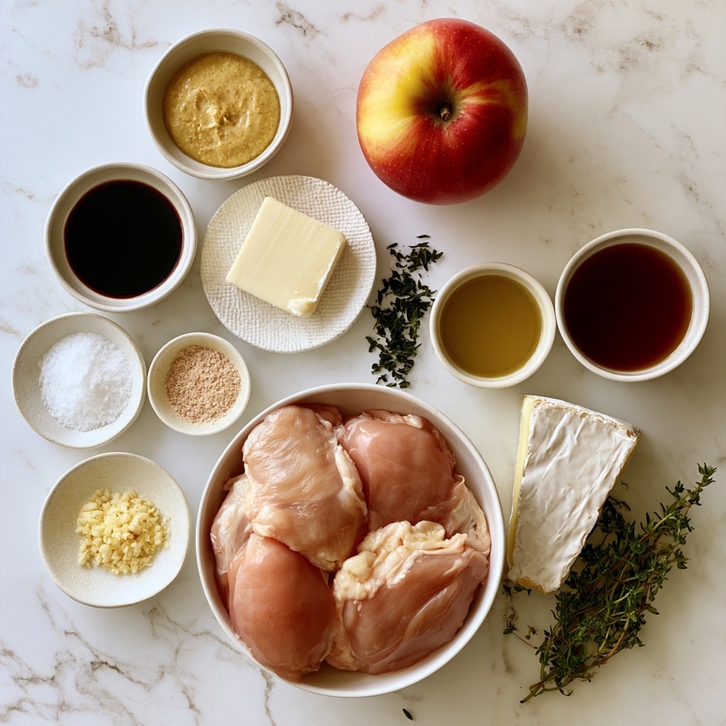 A top view shows a white bowl at the bottom left filled with several raw, pink chicken breasts with smooth texture. Surrounding the bowl on a white marbled surface are small white dishes with various ingredients: a light beige square of butter on a small plate near the top center, a red and yellow apple near the top right, and a wedge of white brie cheese with a soft texture at the bottom right. Around these items are small bowls containing dark brown soy sauce, golden mustard, pale yellow olive oil, light beige onion powder and garlic powder, finely chopped pale yellow garlic, dark brown dried thyme, coarse white salt, a small glass of light amber syrup, and a small amount of clear apple cider vinegar. Near the bottom right corner, fresh green thyme sprigs add a natural touch. The image is bright and clear with distinct colors and textures, photo taken with an iphone --ar 4:5 --v 7