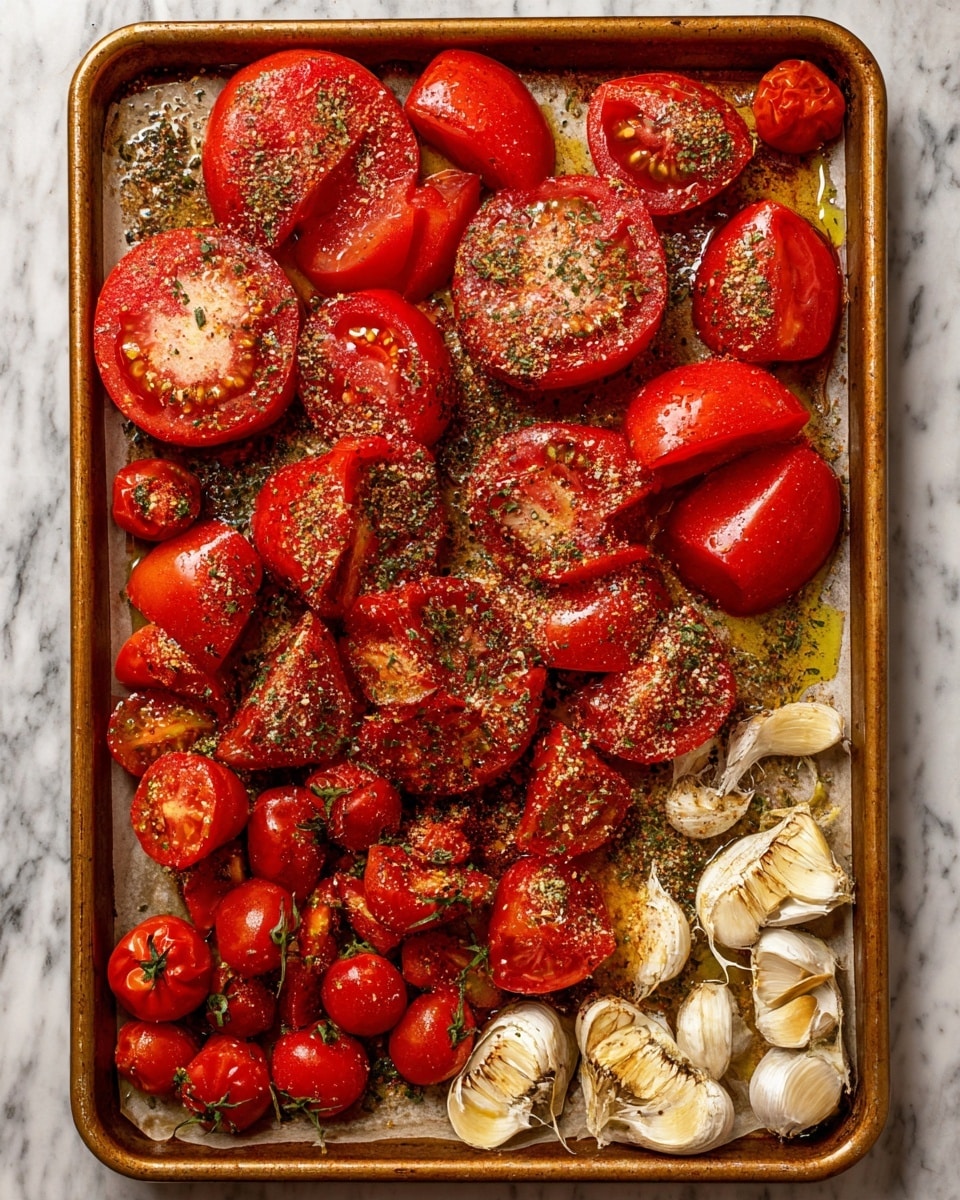 The image shows a baking tray filled with several layers of large, quartered red tomatoes scattered across most of the tray, each piece sprinkled with dried green herbs and seasoning. In the bottom left corner, smaller cherry tomatoes, some halved and some whole, are also covered in herbs. In the bottom right corner, there are whole garlic bulbs and garlic cloves, with their papery skins partially peeled. The tomatoes and garlic sit on parchment paper lining the tray, with some olive oil visible under the vegetables. The background is a white marbled surface. photo taken with an iphone --ar 4:5 --v 7