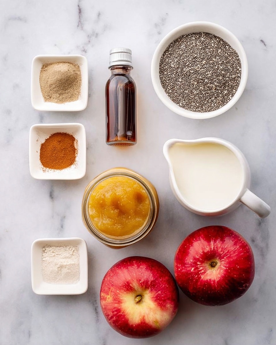 A top-down view of various ingredients arranged neatly on a white marbled surface: two red apples with smooth shiny skin on the right, a small white jug with thick cream or milk at the bottom right, a small dark amber bottle of vanilla extract and a small glass bottle of maple syrup on the bottom left, a jar of golden yellow applesauce in the center, a white dish full of chia seeds at the top right, a clear glass jar with white milk near the top center, and two small white rectangular dishes with brown cinnamon powder and a light brown spice on the top left. The colors range from deep red, white, black, golden yellow, and brown tones, all set clearly with soft natural lighting and a clean look. Photo taken with an iphone --ar 4:5 --v 7