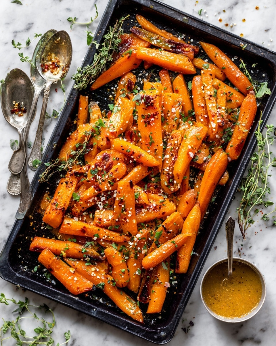 The image shows a dark baking tray filled with bright orange roasted carrot pieces, cut into various small, elongated shapes. The carrots have a shiny glaze and are sprinkled with small whole mustard seeds and bits of green herbs, some parts slightly charred and blackened. Around the tray, there are small sprigs of fresh green herbs and two old silver spoons, one filled with a mustard seed sauce. The tray sits on a white marbled surface. photo taken with an iphone --ar 4:5 --v 7