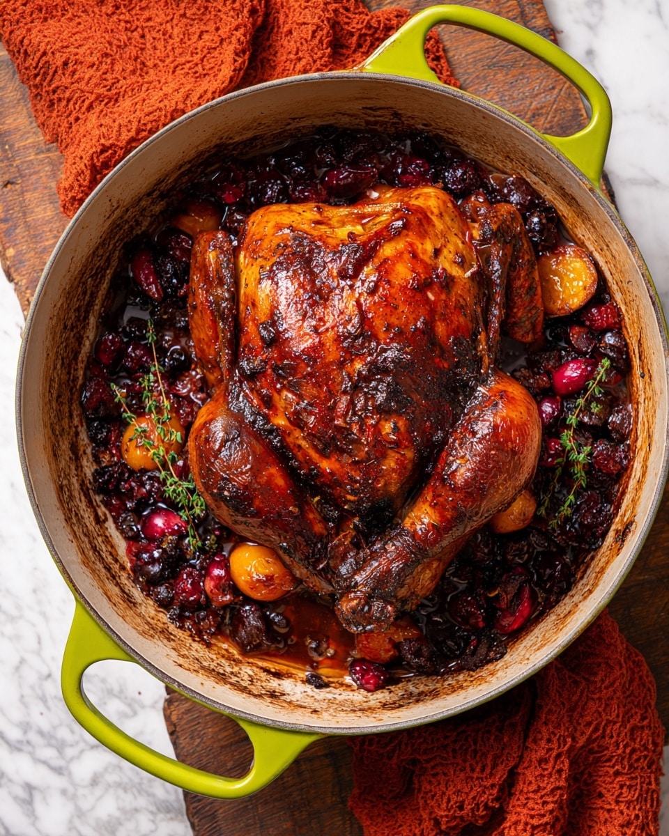 A roasted whole chicken with a shiny, dark brown, and crispy skin sits in a white pot with light browning inside. The chicken is surrounded by a layer of dark red and black cooked berries and small fruits, some of which are whole while others are softened, along with slices of browned orange fruits. The pot has bright green handles and is placed on a white marbled surface with a textured orange cloth nearby. The scene has warm natural lighting that highlights the rich colors and textures of the cooked chicken and fruit mixture photo taken with an iphone --ar 4:5 --v 7