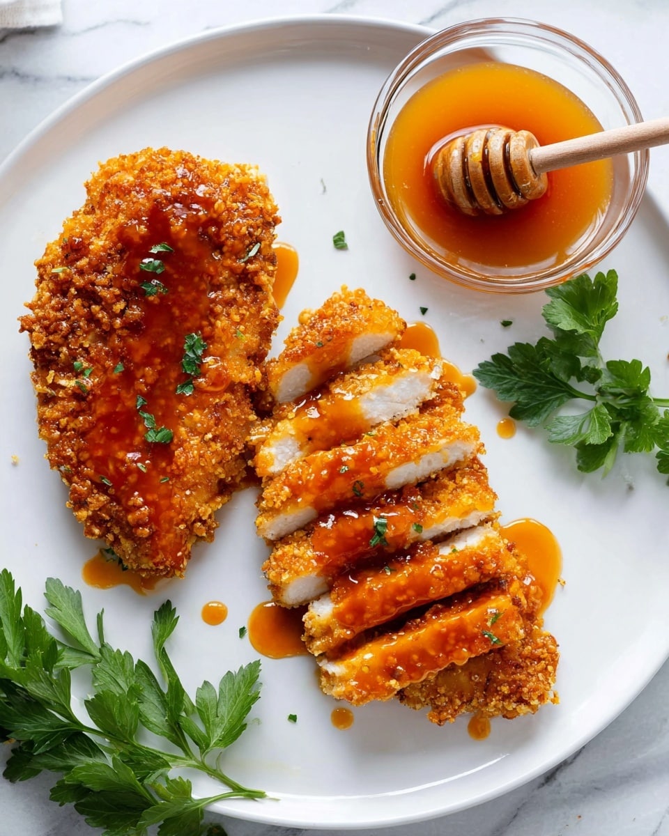 A white plate shows two parts of a crispy golden fried chicken fillet, one part sliced into five pieces revealing white inside, all covered with shiny orange sauce drizzled on top and around. To the right of the plate, there is a small glass bowl filled with the same orange sauce, with a wooden honey dipper inside. Next to the bowl, a bunch of fresh green parsley lies on the white marbled surface. Photo taken with an iphone --ar 4:5 --v 7