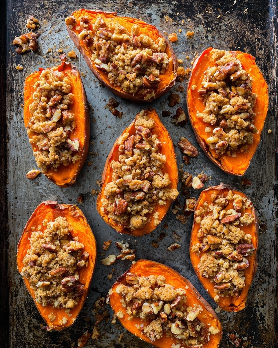 The image shows six halves of baked sweet potatoes arranged on a metal baking tray with a worn surface. Each sweet potato half has two layers: the bottom layer is vibrant orange, smooth, and soft sweet potato flesh filling the skin, while the top layer is a crumbly, chunky streusel topping in light brown with visible pieces of nuts scattered throughout. Some extra crumbly topping bits are scattered around the tray edges. The contrast between the shiny orange sweet potato flesh and the textured nutty topping is clear. The scene is lit with natural light highlighting the food's details. Photo taken with an iphone --ar 4:5 --v 7