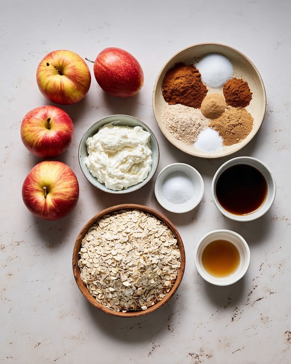 The image shows ingredients laid out on a white marbled surface, including three red and yellow apples to the left, two brown eggs near the center, a bowl of white cream cheese below the eggs, and a large bowl of light brown rolled oats to the right. Above the eggs, there is a small round wooden bowl with several powders in sections—white flour, light brown cinnamon, darker brown spice, and white salt. To the right of this bowl, there is a small white cup with a dark brown liquid, and below it, another small white cup with a lighter, clear liquid. In the bottom left and right corners are two more small white cups with dark and light liquids respectively. Photo taken with an iphone --ar 4:5 --v 7
