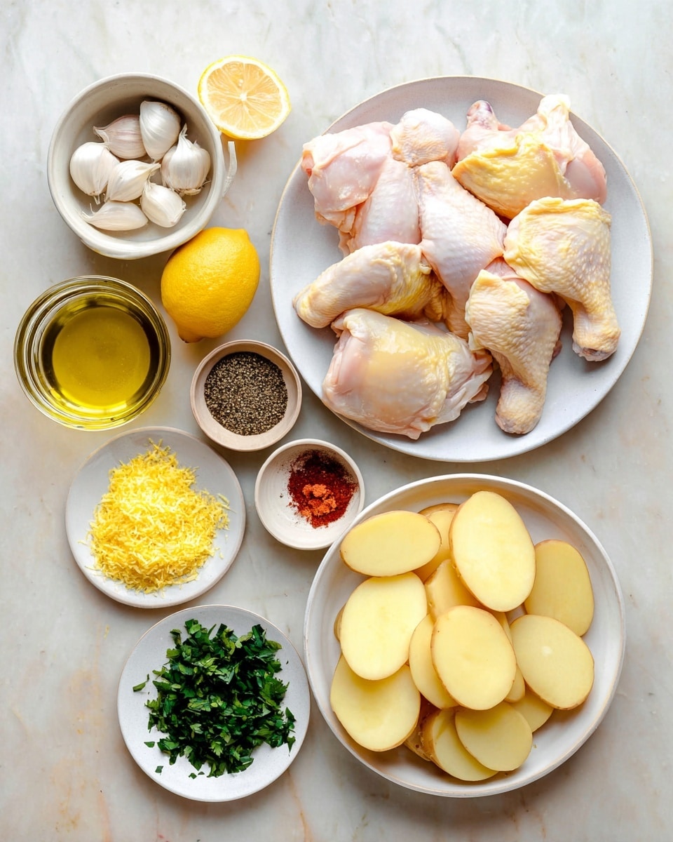 A top-down view of ingredients arranged on a white marbled surface, with a large white plate on the right holding several raw chicken pieces showing pale pink and yellow skin. To the upper left, a white bowl holds whole garlic cloves, next to a clear jar filled with golden olive oil. Below, a white plate holds a lemon cut in half and a pile of bright yellow lemon zest. Two small bowls contain coarse salt, black pepper, and red spice, and fresh green chopped herbs, while a large white bowl at the bottom center holds several sliced potatoes with light yellow flesh and thin skin. photo taken with an iphone --ar 4:5 --v 7