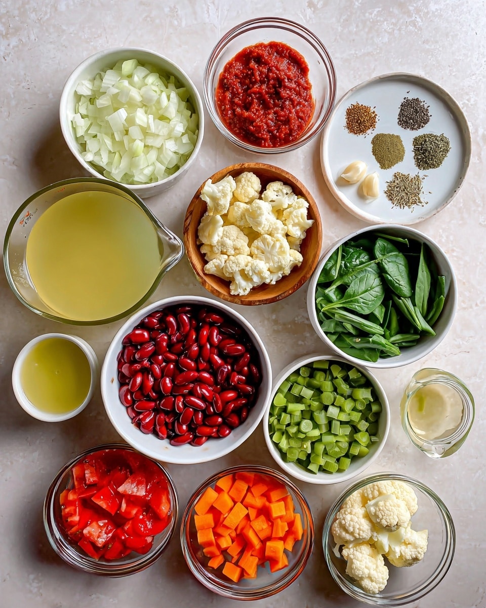 The image shows an arrangement of eleven small white bowls and one clear glass measuring cup filled with different cooking ingredients, all placed on a white marbled surface. The top left bowl contains chopped white onions, the top middle bowl has a thick red paste, and the top right plate has several small piles of dry spices including black pepper, dried herbs, and salt. Below, there is a small wooden bowl filled with crushed garlic. The right middle bowl is filled with fresh green cut green beans. The center bowl holds shiny red kidney beans, while the bowl to the left contains fresh green spinach leaves. A clear bowl on the lower left is filled with bright red chopped tomatoes. On the bottom middle, a bowl is filled with green chopped celery, and next to it a bowl shows orange diced carrots. On the lower right is a bowl of white cauliflower florets. The glass measuring cup on the left contains a light yellow broth, and a very small glass cup with light yellow oil is just to the right of the green beans. photo taken with an iphone --ar 4:5 --v 7