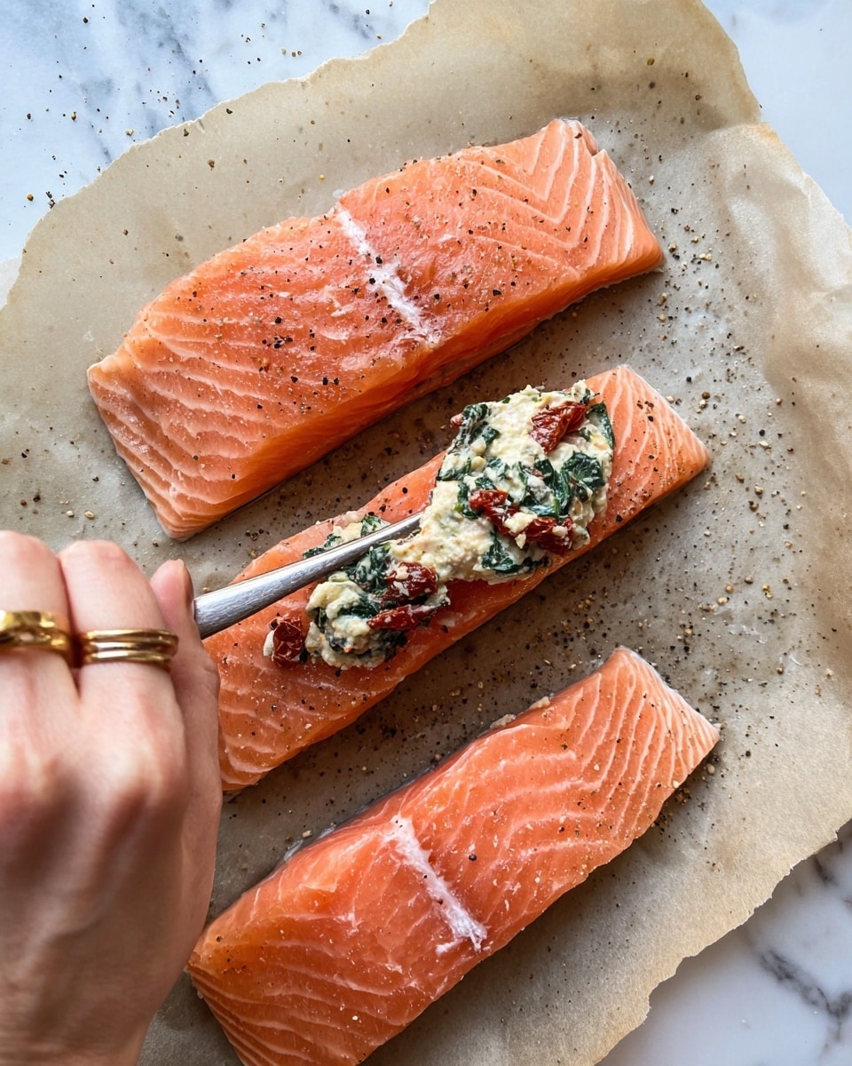 Three raw orange salmon fillets with white fatty lines lay flat on lightly seasoned parchment paper showing black pepper. The top fillet is plain, while the middle fillet is held by a woman's hand with a gold and silver ring and another finger, and has a spoon spreading a creamy mixture with green spinach and red sun-dried tomatoes along the center. The background is a white marbled texture. photo taken with an iphone --ar 4:5 --v 7