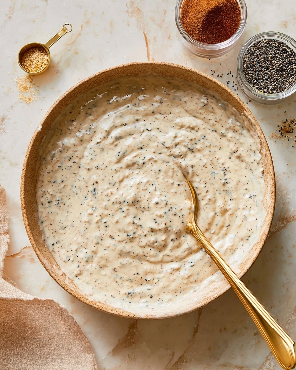 The image shows a wide shallow bowl filled with a creamy, thick mixture that is off-white with many small black and brown specks spread evenly throughout. A shiny gold spoon rests inside the bowl on the right side, partially dipped into the mixture. Around the bowl, there are two small clear containers with powders, one with a reddish-brown color and the other with a dark brown color, along with a small gold measuring cup filled with black and white seeds. The bowl and items are placed on a white marbled textured surface. Photo taken with an iphone --ar 4:5 --v 7