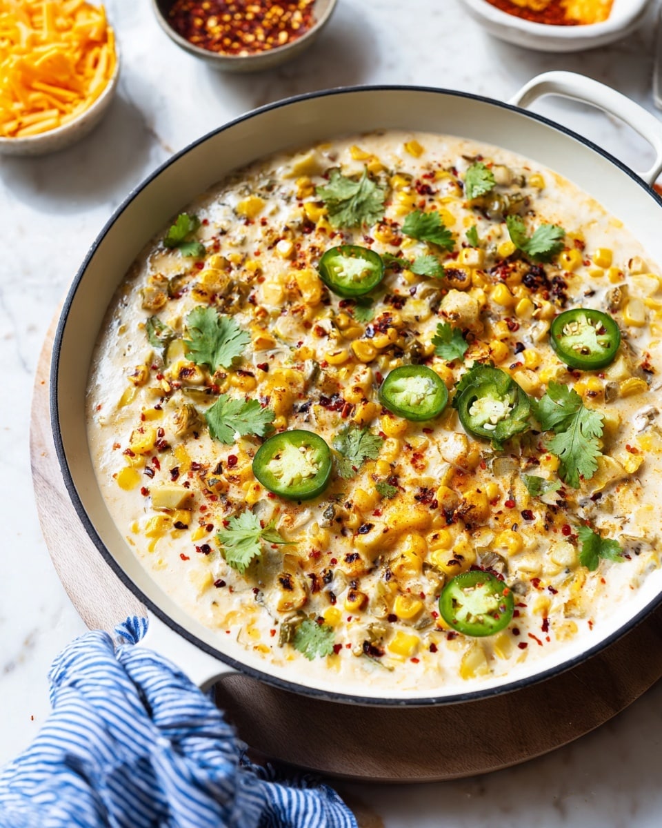 A close-up view of a white skillet filled with a creamy dish made of four visible layers: first, a smooth, light cream base; second, charred yellow corn scattered evenly; third, thin slices of green jalapenos placed on top along with small red spice flakes spread across the surface; fourth, fresh green cilantro leaves added as garnish. The skillet sits on a round wooden base, and a striped blue and white cloth is held by a woman's hand at the front left side. The surface beneath is a white marbled texture with bowls containing shredded orange cheese and red spices blurred in the background. Photo taken with an iphone --ar 4:5 --v 7