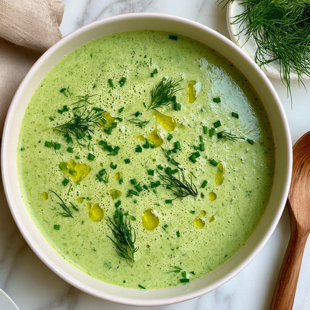 A bowl of light green cream soup with a smooth, frothy texture fills the white bowl. The soup is topped with small, bright green chopped chives and delicate sprigs of fresh dill scattered evenly on the surface. A few drops of yellow oil are drizzled over the soup, creating small shiny circles. The bowl sits on a white marbled surface, next to a wooden spoon on the right and a small white plate with fresh dill sprigs on the top right. A beige cloth is seen partially near the top left. Photo taken with an iphone --ar 4:5 --v 7