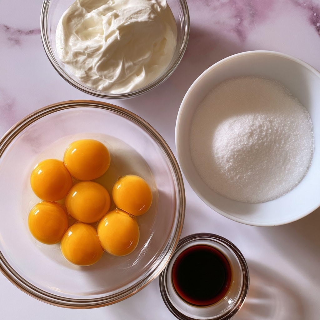 Four clear or white bowls with ingredients sit on a white marbled surface with a soft pink and purple tint. One bowl at the top contains white cream with a smooth texture, the bowl on the right holds fine white sugar granules, the larger bowl on the left is filled with five bright yellow egg yolks floating in clear liquid, and the smallest bowl near the bottom contains dark brown vanilla extract. Each ingredient is clearly visible, and the simple setup highlights their colors and textures. Photo taken with an iphone --ar 4:5 --v 7