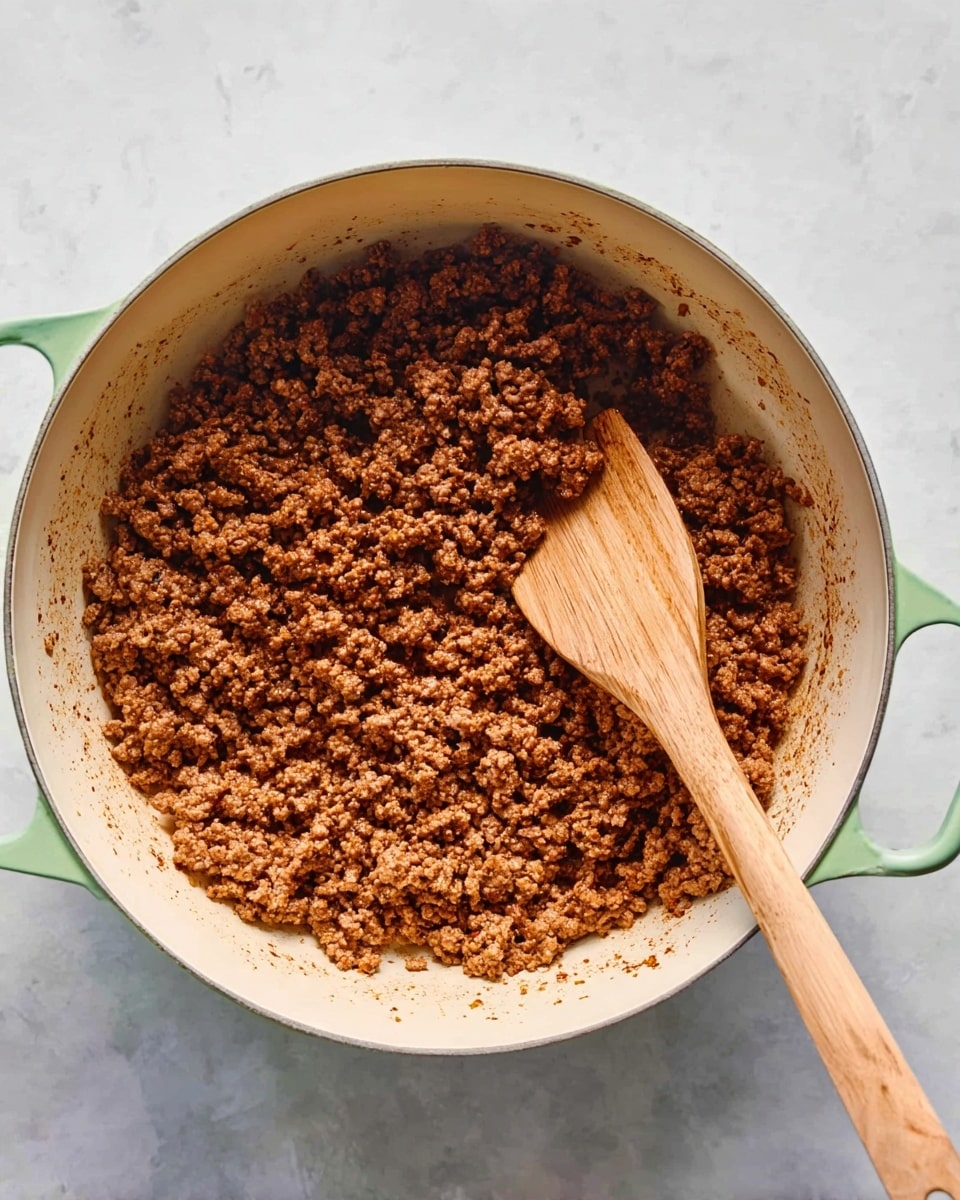Inside a large white pot with pale green handles, there is one layer of cooked ground meat. The meat is brown and looks crumbly with some small bits of spices visible. A wooden spoon with smooth texture is resting in the pot, partially under the meat. The pot is sitting on a white marbled surface. photo taken with an iphone --ar 4:5 --v 7
